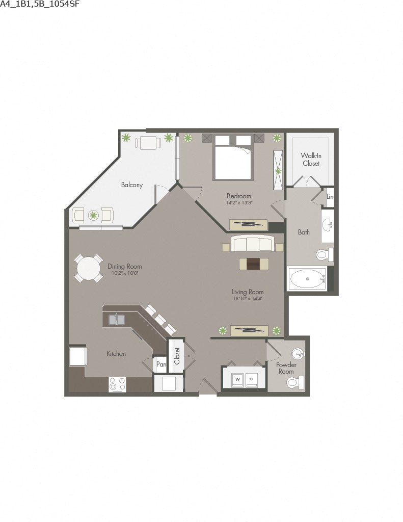 Floor plan for 1 bed, 1.5 baths, 1054 sqft
